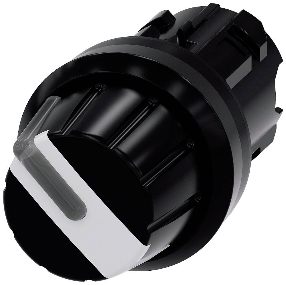 Schwarzer, runder Kunststoffknopf mit weißem Streifen, dient als Drehschalter in technischen Geräten.