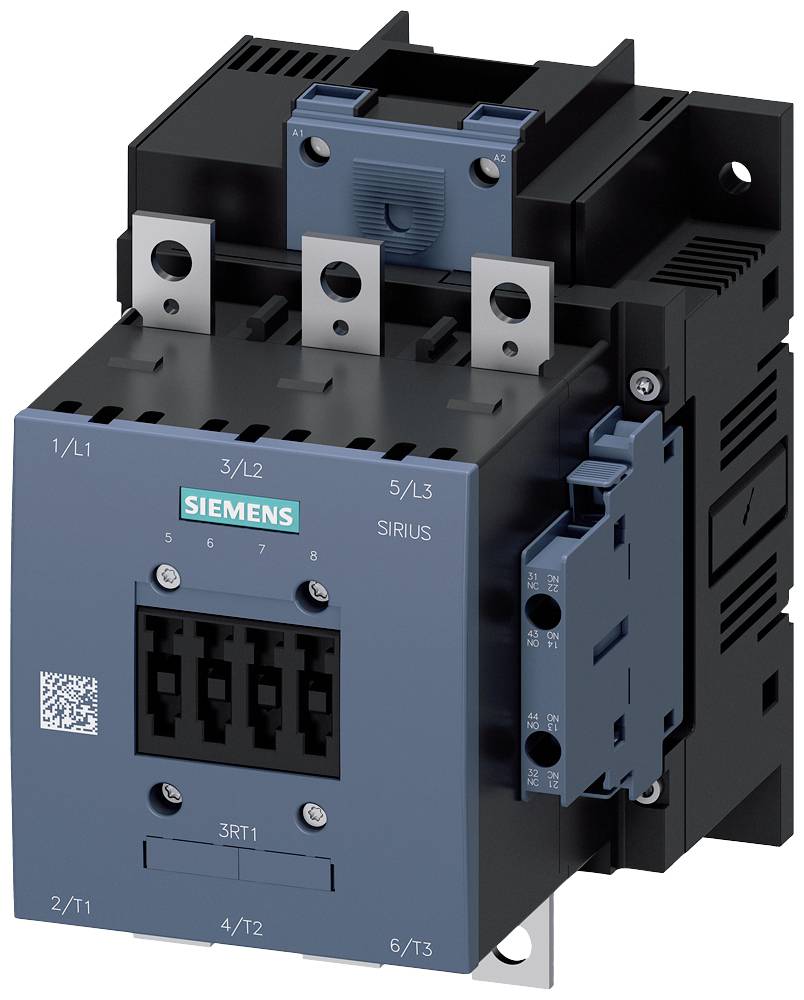Ein elektromagnetischer Schütz von Siemens, Modell Sirius, zur Steuerung elektrischer Motoren, zeigt Anschlüsse und Markenlogo.