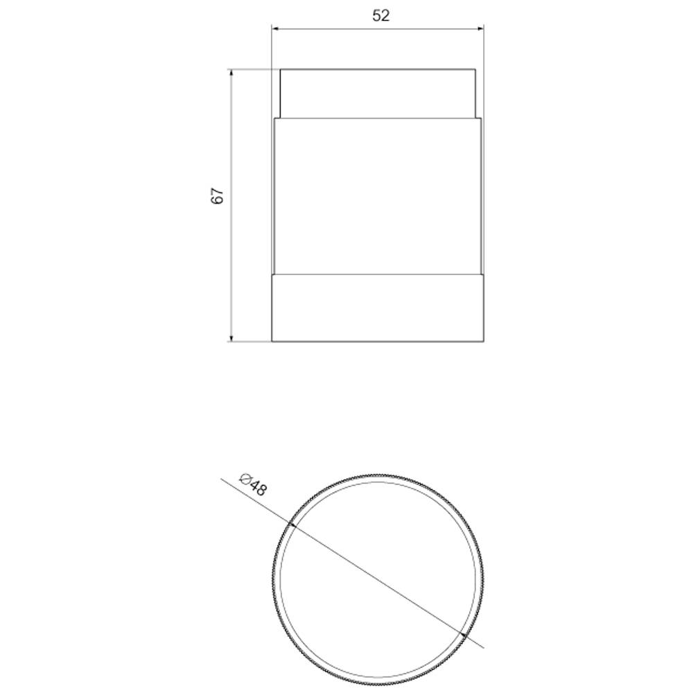 Technische Zeichnung eines zylindrischen Objekts. Oben eine Seitenansicht mit Maßen: 67 mm Höhe, 52 mm Breite. Unten eine Draufsicht mit Durchmesser 48 mm.