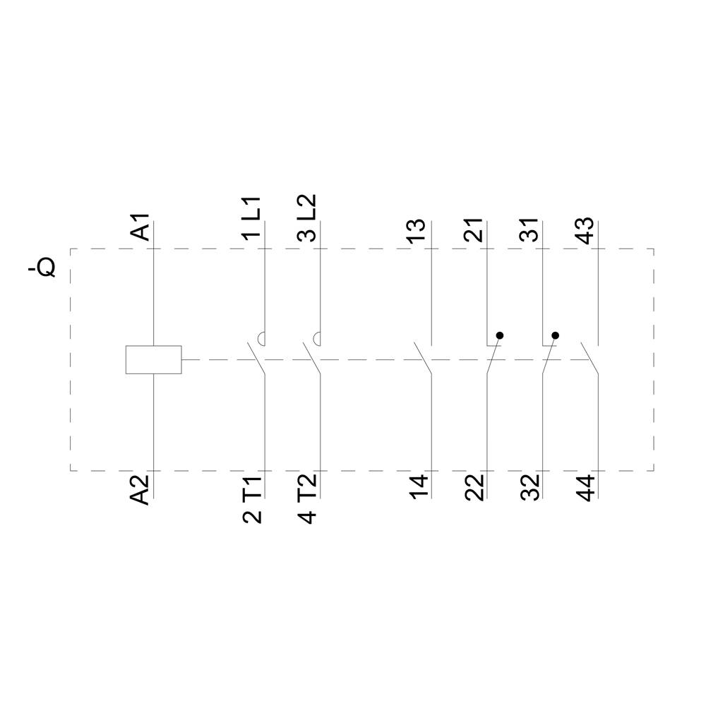 Schaltplan eines Schützes mit Klemmen A1, A2, T1, T2, L1, L2 und Kontakten 13-14, 21-22, 31-32, 43-44.