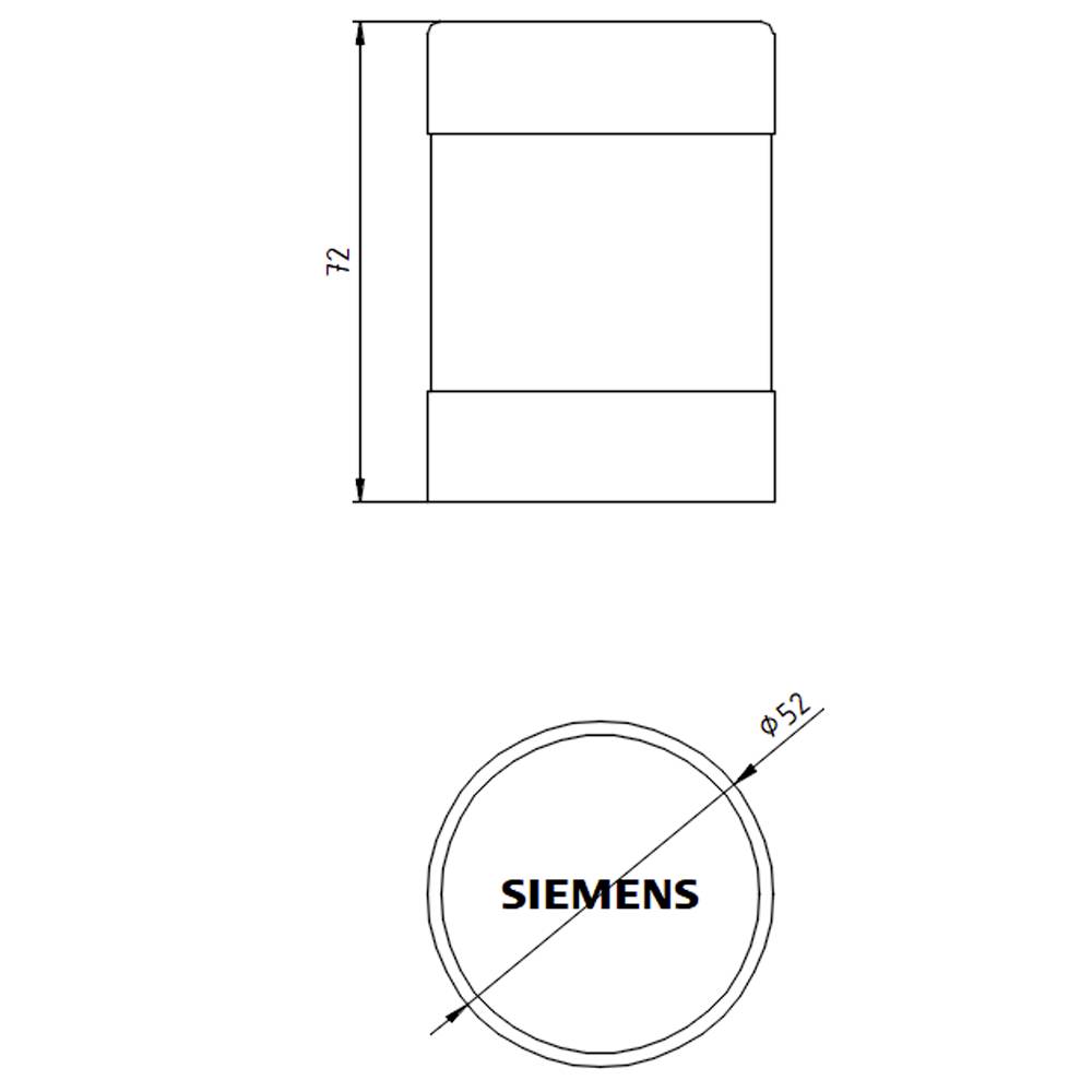 Technische Zeichnung eines zylindrischen Bauteils, Höhe 72 mm, Durchmesser 52 mm, mit dem Schriftzug 'SIEMENS' auf der Oberseite.