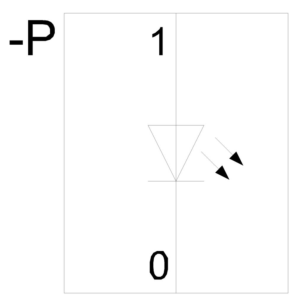 Ein horizontaler Pfeil zeigt auf ein Dreieck zwischen den Zahlen '1' und '0'; links steht '-P'.