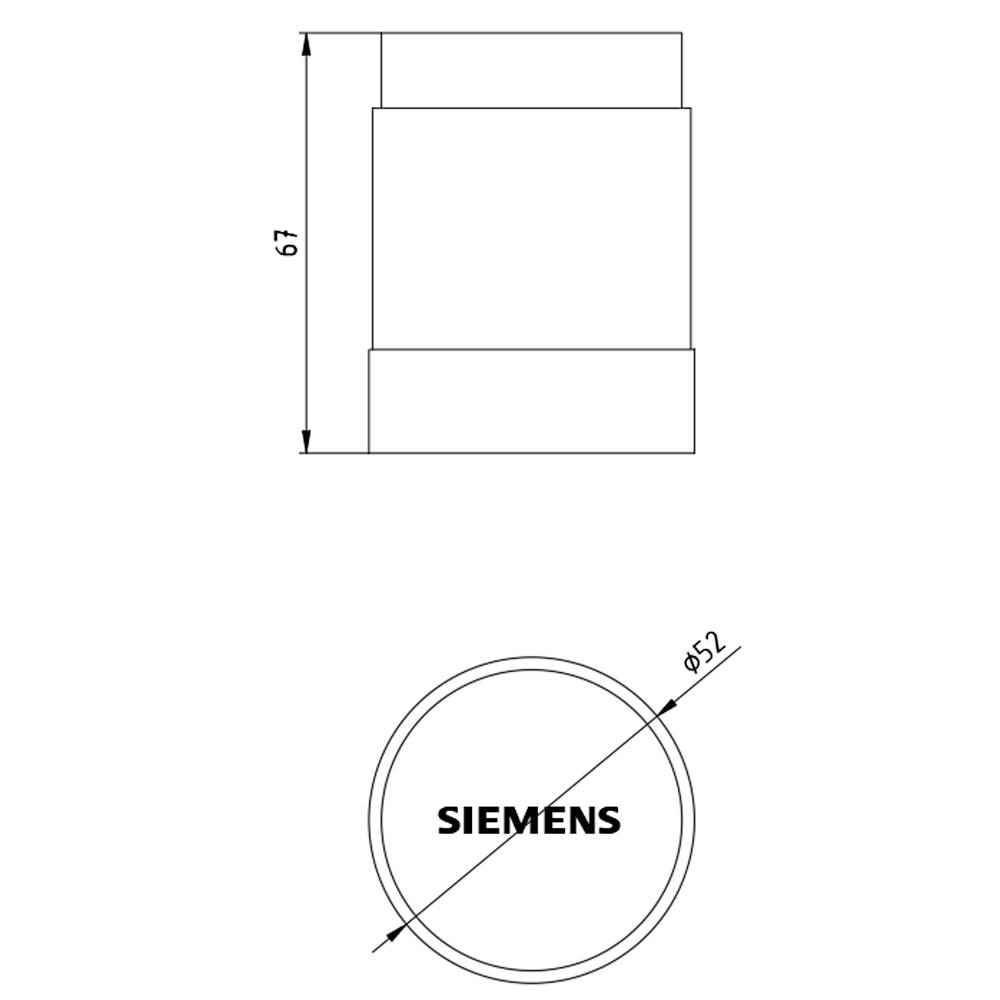 Eine technische Zeichnung zeigt die Seitenansicht und Draufsicht eines zylindrischen Objekts. Maße: Höhe 67 mm, Durchmesser 52 mm.