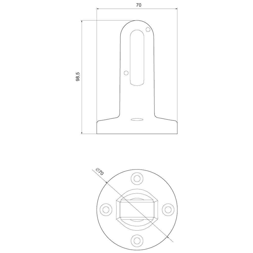 Technische Zeichnung eines Halters mit Maßen: Höhe 99,5 mm, Breite 70 mm, Basisdurchmesser 70 mm, Befestigungsschraubenlöcher dargestellt.