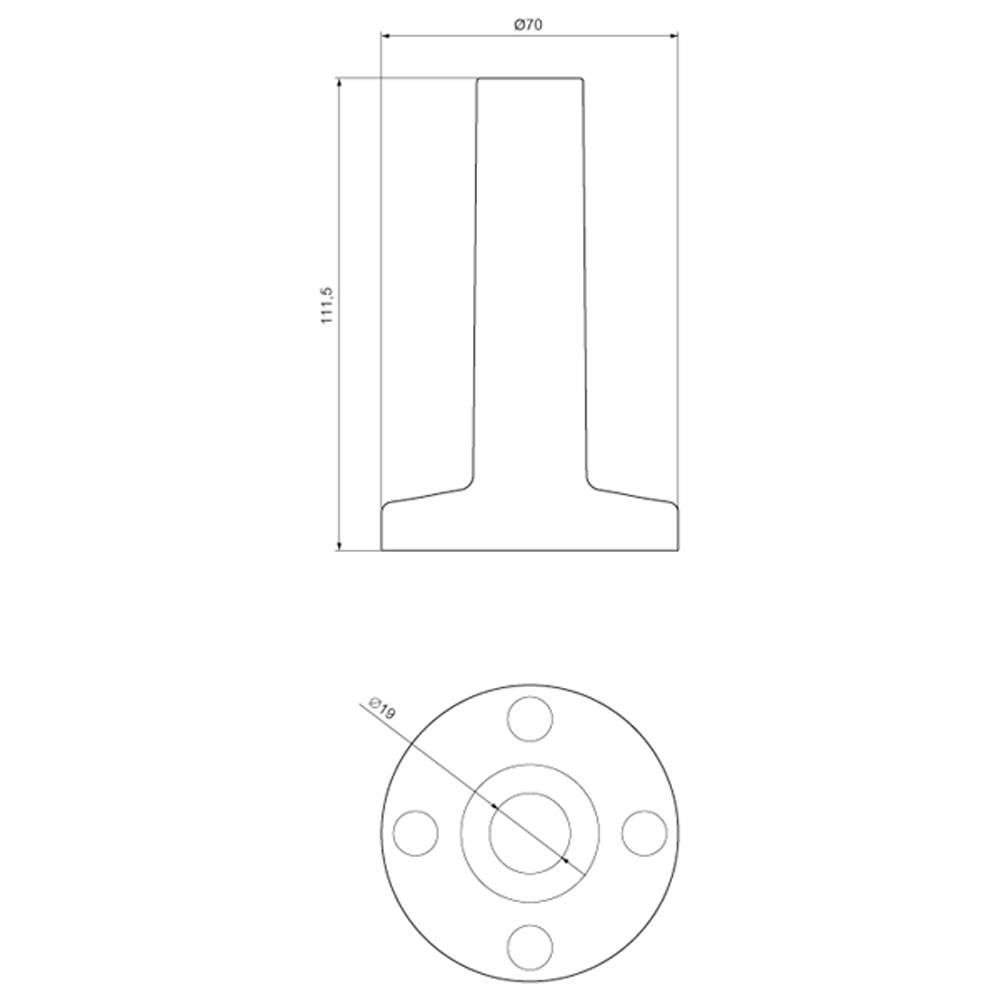 Technische Zeichnung eines Bolzens mit rundem Querschnitt. Oben Seitenansicht mit 70 mm Breite und 111,5 mm Höhe, unten Draufsicht mit vier Bohrlöchern.