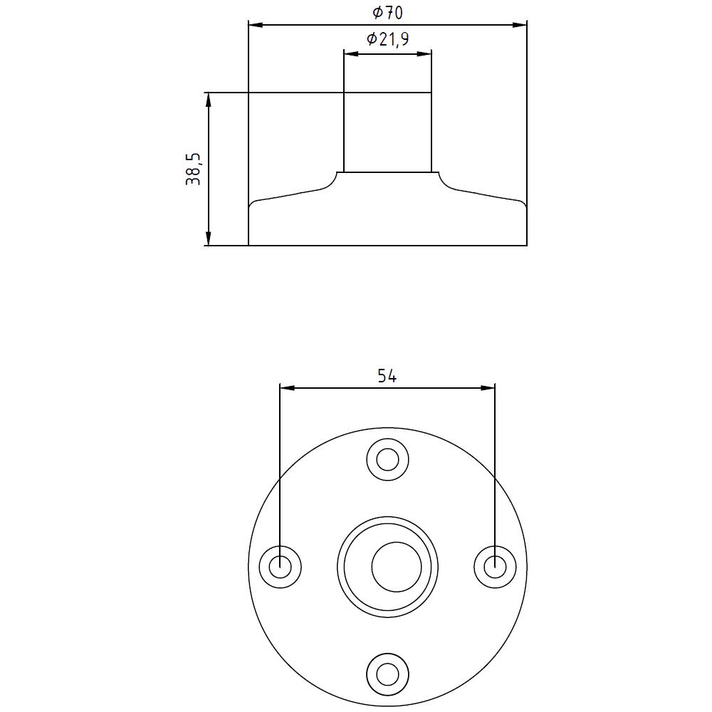 Technische Zeichnung eines runden Metallflansches mit drei Bohrungen, Durchmesser oben 21,9mm, Gesamtdurchmesser 70mm, Höhe 38,5mm.