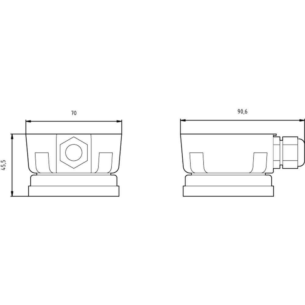 Technische Zeichnung von zwei zylindrischen Objekten mit Seitenansicht. Links: Höhe 43,5 mm und Breite 70 mm. Rechts: Breite 90,6 mm.