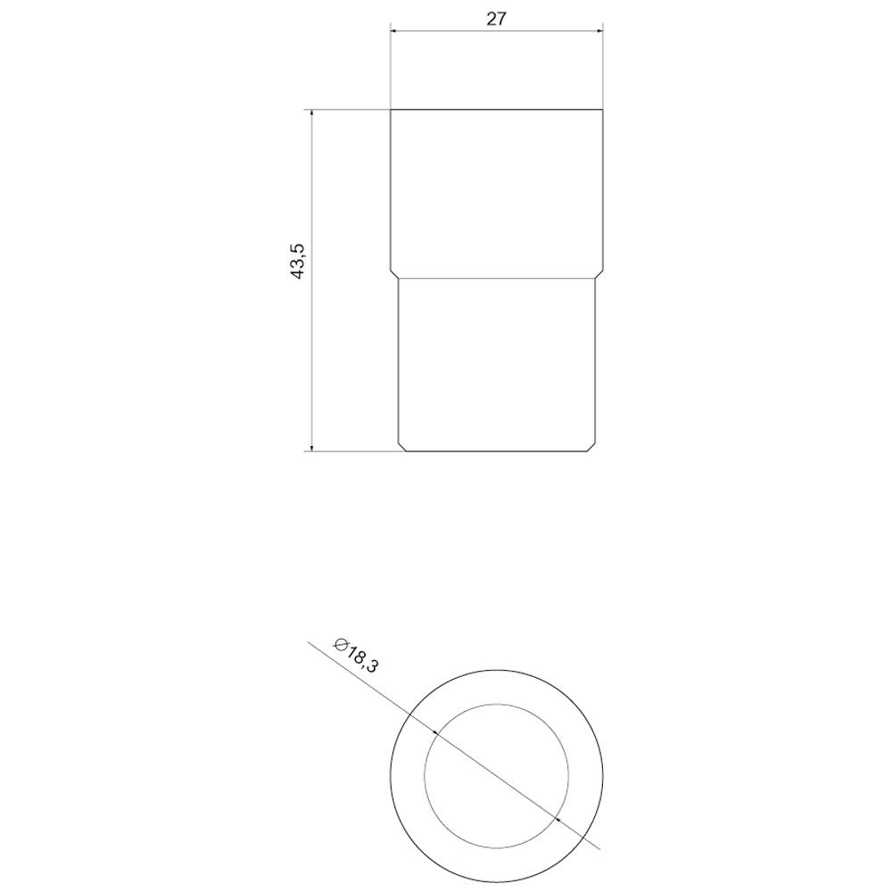 Technische Zeichnung eines zylindrischen Objekts mit Maßen: Höhe 43,5 mm, Breite 27 mm und Durchmesser 18,3 mm.