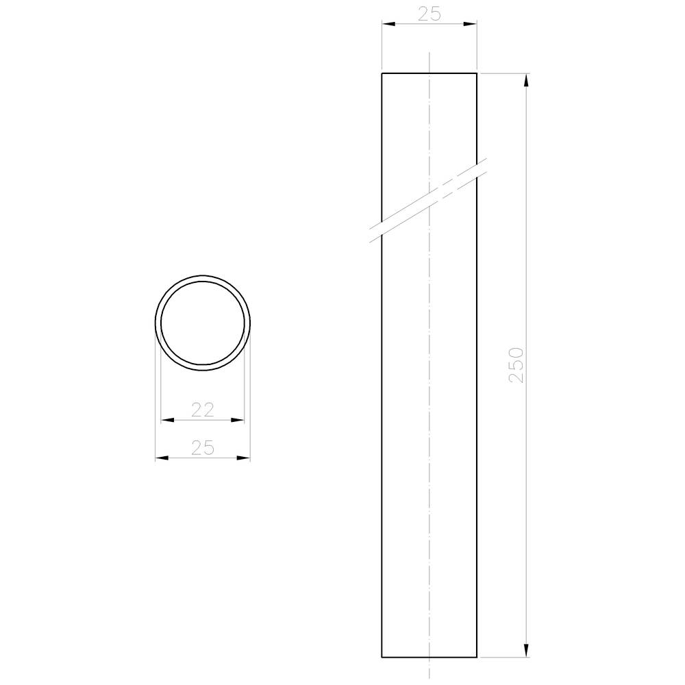 Technische Zeichnung eines Rohres. Das Rohr ist 250 mm lang mit einem Außendurchmesser von 25 mm und einem Innendurchmesser von 22 mm.