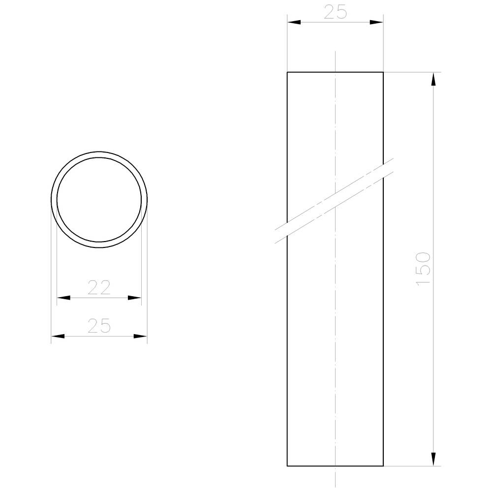Technische Zeichnung eines zylindrischen Rohres mit Querschnitts- und Seitenansicht. Durchmesser außen: 25 mm, innen: 22 mm, Länge: 150 mm.