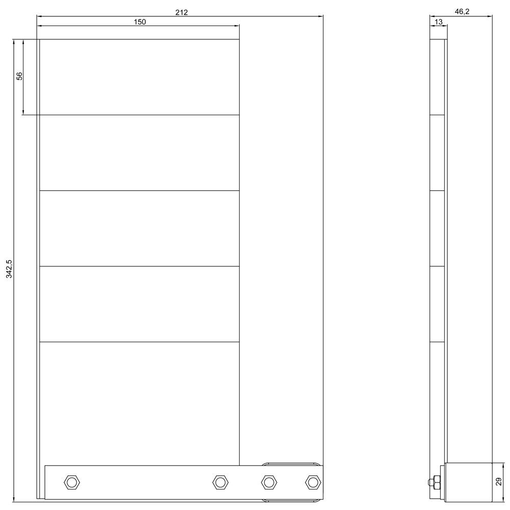 Technische Zeichnung eines rechteckigen Bauteils mit Maßen: Breite 212 mm, Höhe 942.5 mm. Seitenansicht Breite: 46.2 mm. Schraubenlöcher unten.
