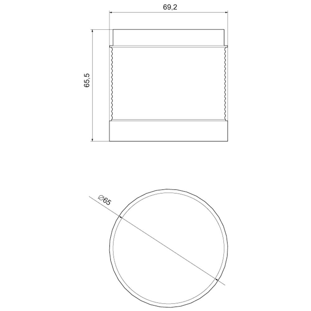 Technische Zeichnung eines zylindrischen Objekts mit Durchmesser 69,2 mm und Höhe 68,5 mm, Vorder- und Draufsicht.