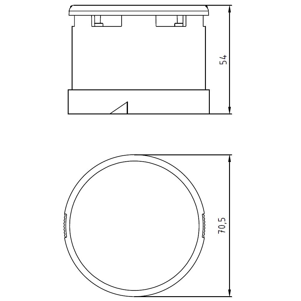 Ein technisches Diagramm zeigt zwei Ansichten eines zylindrischen Objekts mit den Maßen: obere Höhe 54 mm, Durchmesser 70,5 mm.