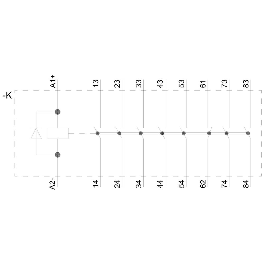 Schaltsymbol eines Relais mit einer Spule und mehreren Schaltkontakten in Reihe. Kontakte sind nummeriert von 13 bis 84.