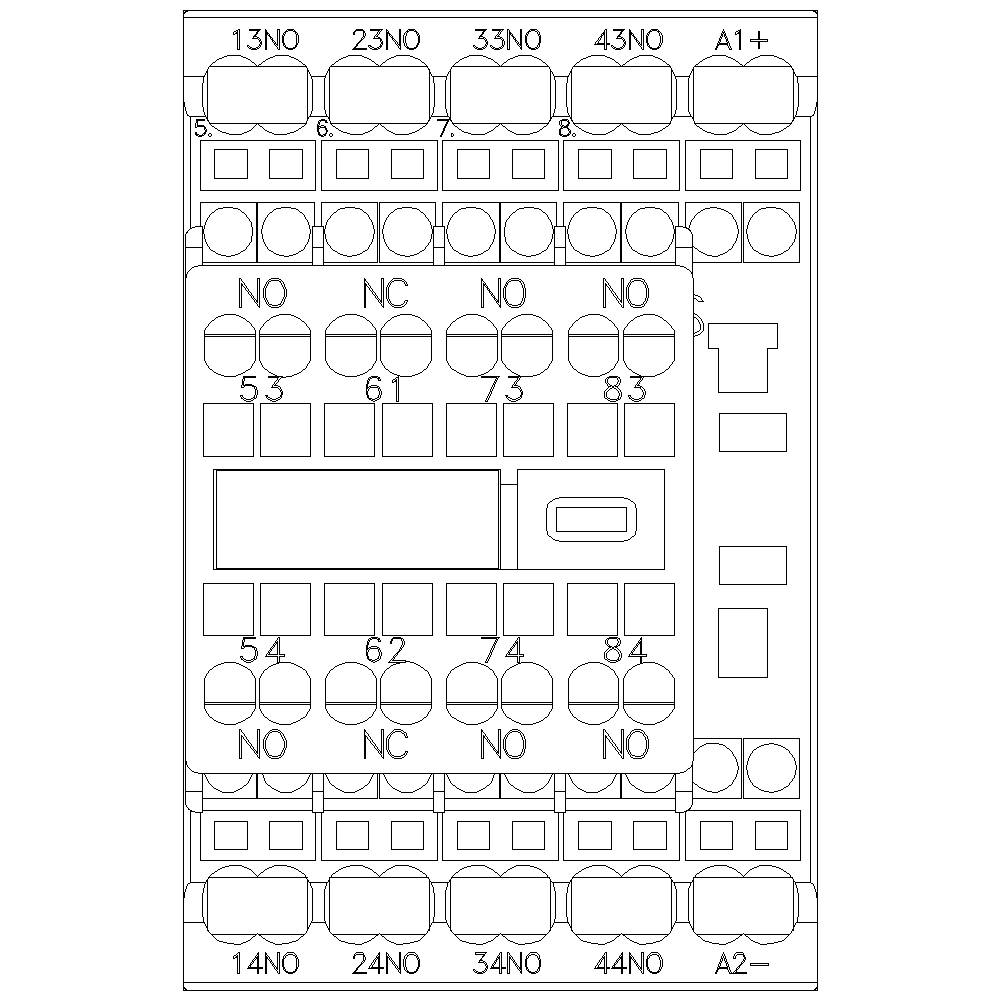 Technische Zeichnung eines elektrischen Relaismoduls mit mehreren Anschlüssen, gekennzeichnet als NO (Normally Open) und NC (Normally Closed).