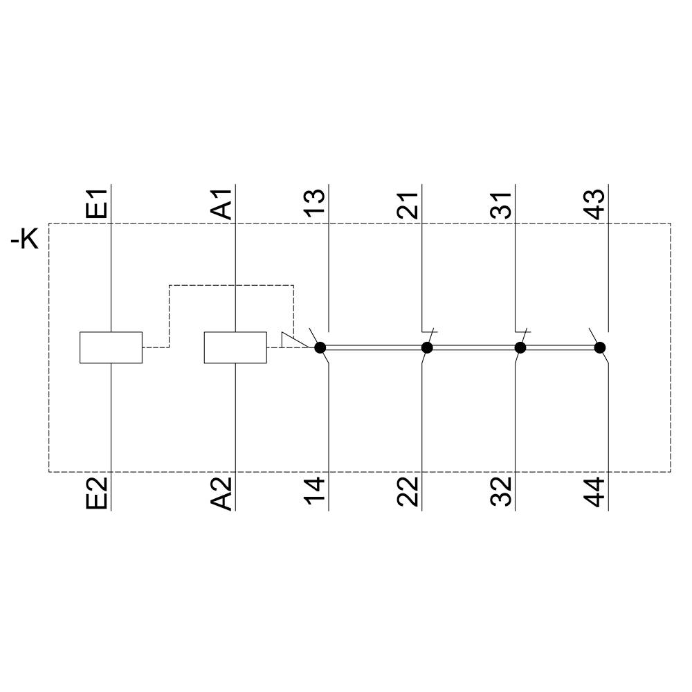 Schaltplan zeigt drei verbundene Kästchen mit beschrifteten Anschlüssen: E1, E2, A1, A2, 13, 14, 21, 22, 31, 32, 43, 44.
