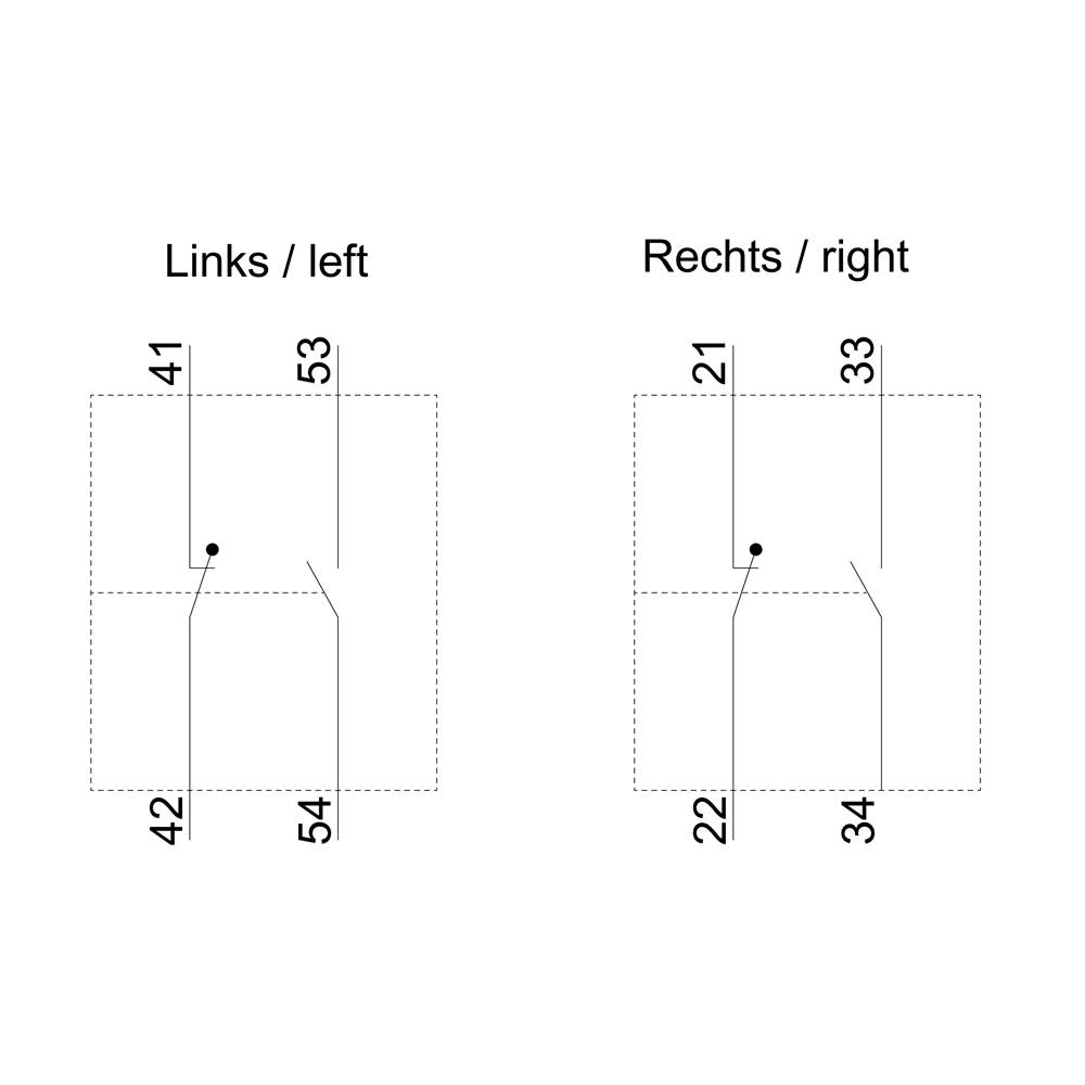 Diagramm mit zwei Spalten: 'Links' zeigt 41, 42, 53, 54. 'Rechts' zeigt 21, 22, 33, 34. Offenbar Schaltkreise oder Route.