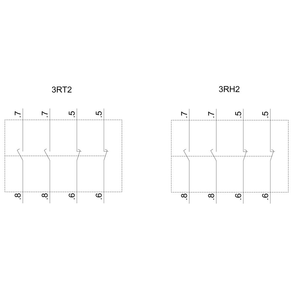 Zwei technische Diagramme mit Bezeichnungen '3RT2' und '3RH2', die detaillierte Maße im Bereich 5 bis 8 zeigen.