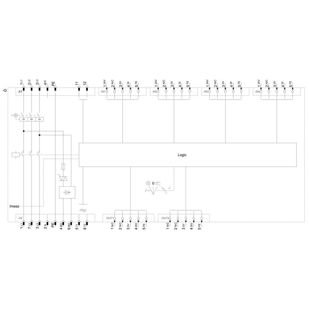 Schaltplan eines elektronischen Schaltkreises mit Eingängen, Logikeinheit und Ausgängen, zeigt Verbindung und Signalfluss.