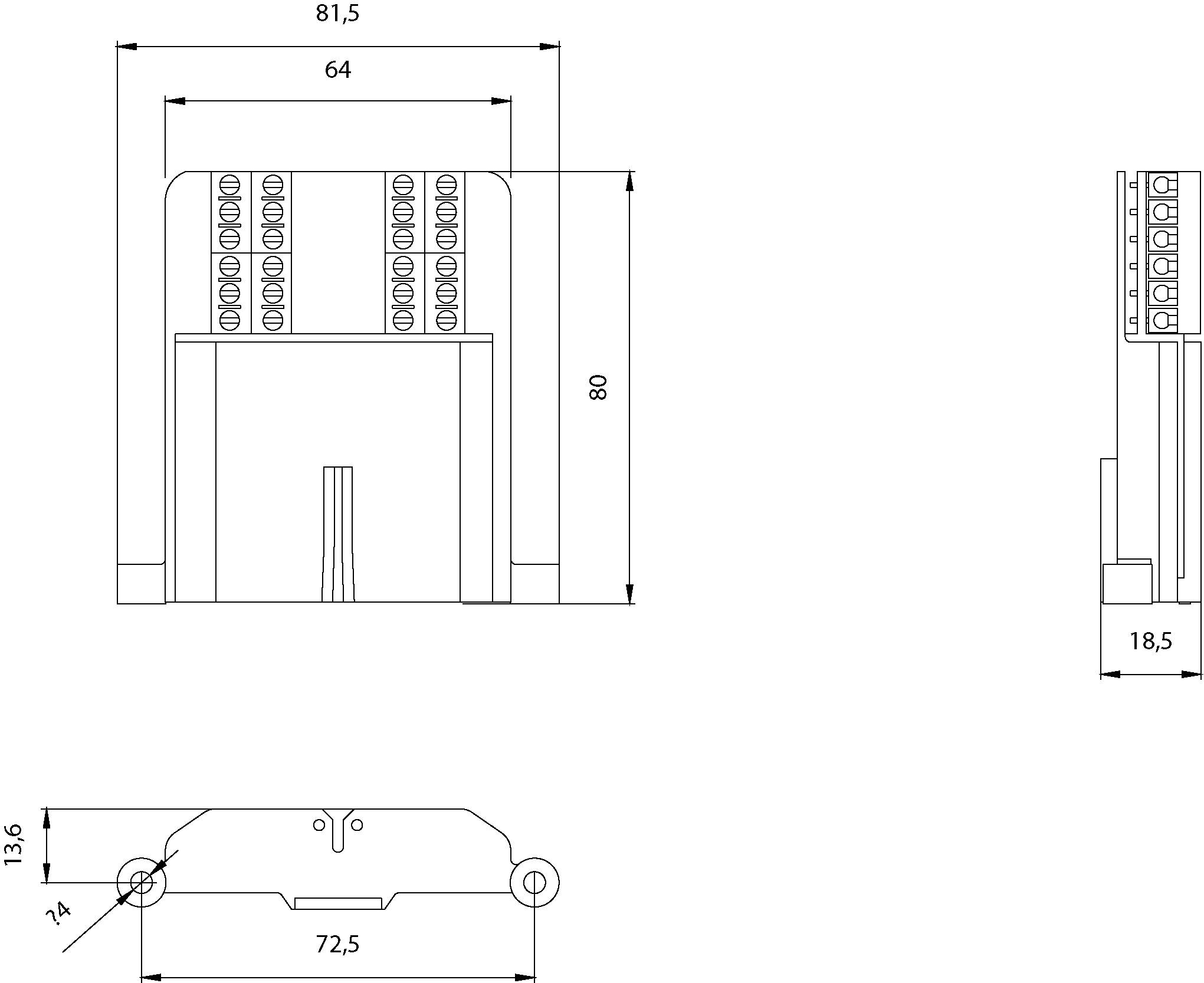 Technische Zeichnung eines rechteckigen elektrischen Bauteils mit Maßen: 81,5 x 80 mm, Breite 64 mm, Tiefe 18,5 mm. Zeigt Front- und Seitenansicht.