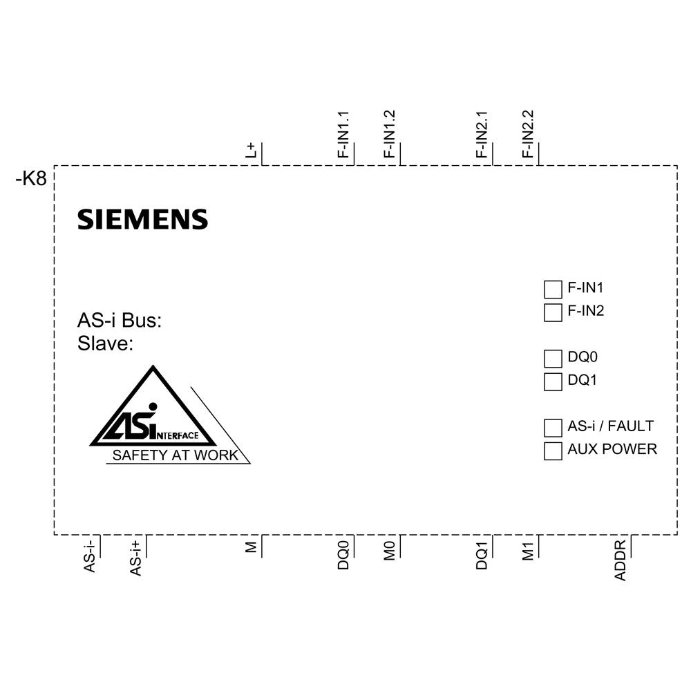 AS-i Bus Module von Siemens mit Anschlüssen für F-IN1, F-IN2, DQ0, DQ1. Logo 'SAFETY AT WORK' und Informationen zur Verdrahtung.