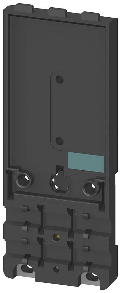 Ein schwarzer, rechteckiger Bauteilhalter mit mehreren Schlitzen und Öffnungen zur Befestigung technischer Komponenten.