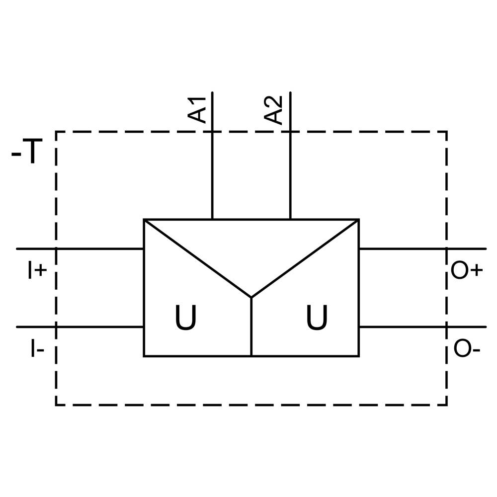 Blockdiagramm eines Differenzverstärkers mit Eingängen I+, I- und Ausgängen O+, O-. Steueranschlüsse A1, A2. U zeigt Operationsverstärker.