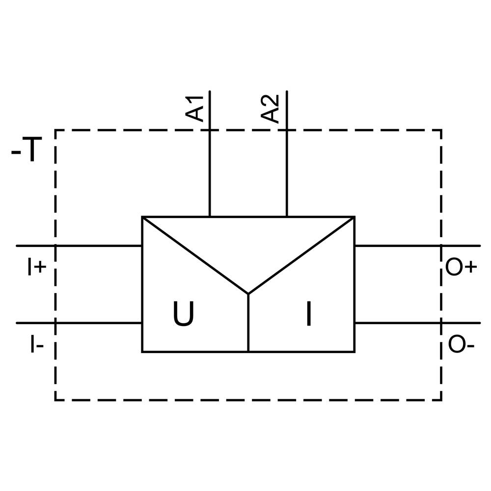 Ein Blockdiagramm mit zwei Eingängen I+, I- und zwei Ausgängen O+, O-. Innerhalb ein Symbol für Differenzverstärker mit Klemmen A1 und A2.