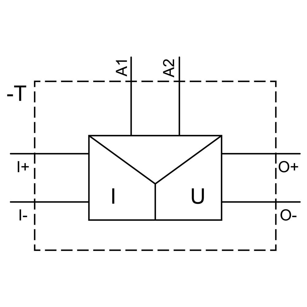 Schaltbild zeigt eine Einheit mit Eingängen 'I+', 'I-' und Ausgängen 'O+', 'O-'. Einheiten A1 und A2 oben verbunden.