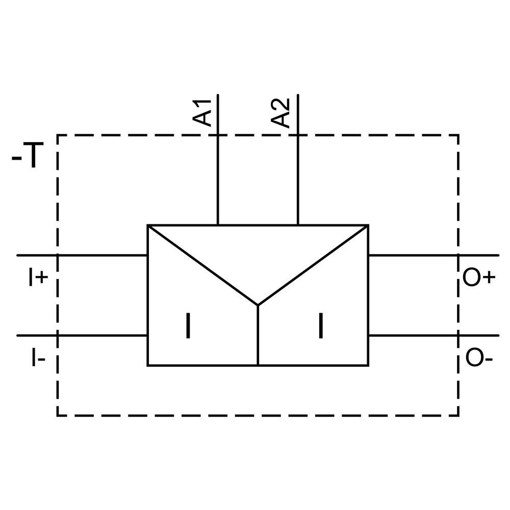 Schaltsymbol einer elektronischen Schaltung mit zwei Eingängen (A1, A2) und zwei Ausgängen (+, -), dargestellt in einem Rechteck.
