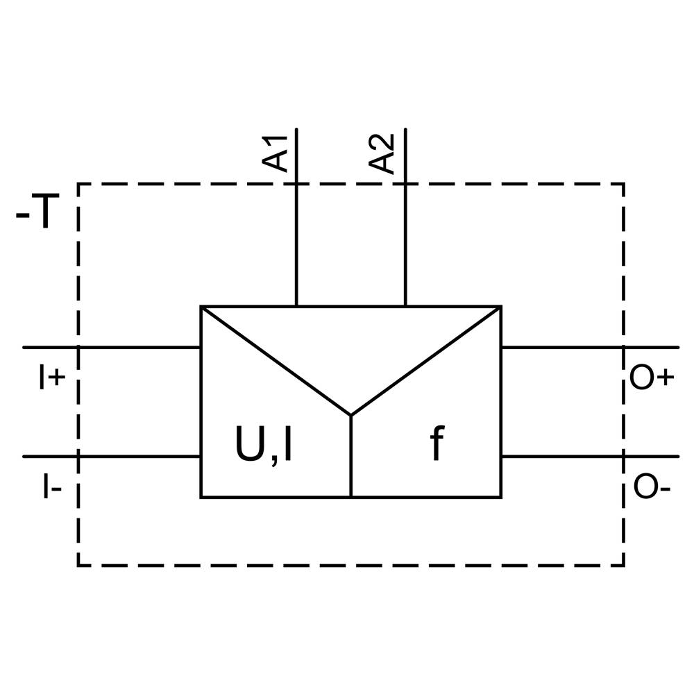 Ein Blockdiagramm zeigt ein Bauteil mit Eingängen 'I+', 'I-', Ausgängen 'O+', 'O-', und zwei Steueranschlüssen 'A1', 'A2'.