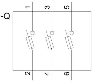 Schaltsymbol mit drei Schaltern in Reihe, nummeriert 1 bis 6. Jeder Schalter besteht aus einem Kippschalter-Symbol und einem Anschluss.