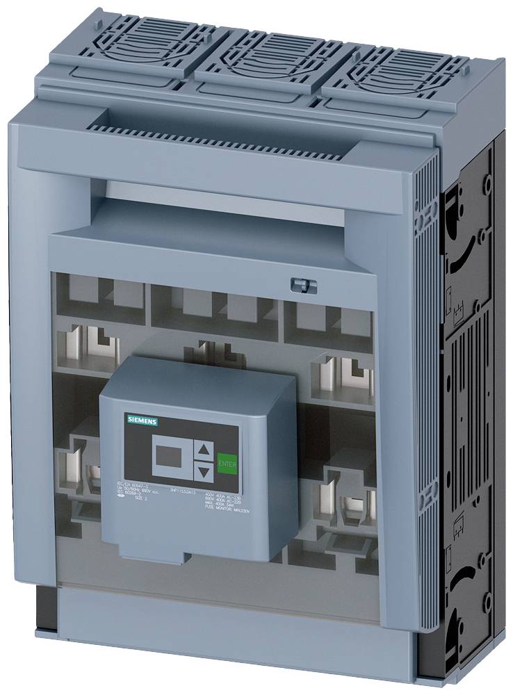 Grauer elektronischer Leistungsschalter von Siemens, vorne drei große Metallschienen sichtbar, oben Belüftungsgitter.