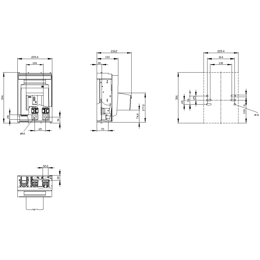 Technische Zeichnung eines elektrischen Geräts mit Abmessungen. Vorder-, Seiten- und Draufsicht sind dargestellt, Maße in mm angegeben.
