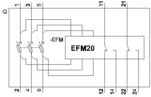 Schaltplan eines EFM20-Moduls. Zeigt elektrische Verbindungen und markiert Komponenten wie Widerstände und Schalter mit Zahlen.
