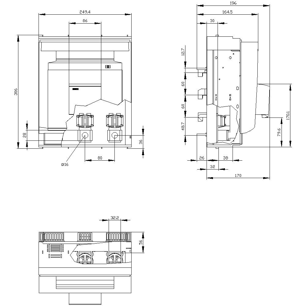 Technische Zeichnung eines elektrischen Geräts mit Abmessungen in Millimetern. Zeigt vordere, seitliche und obere Ansichten.