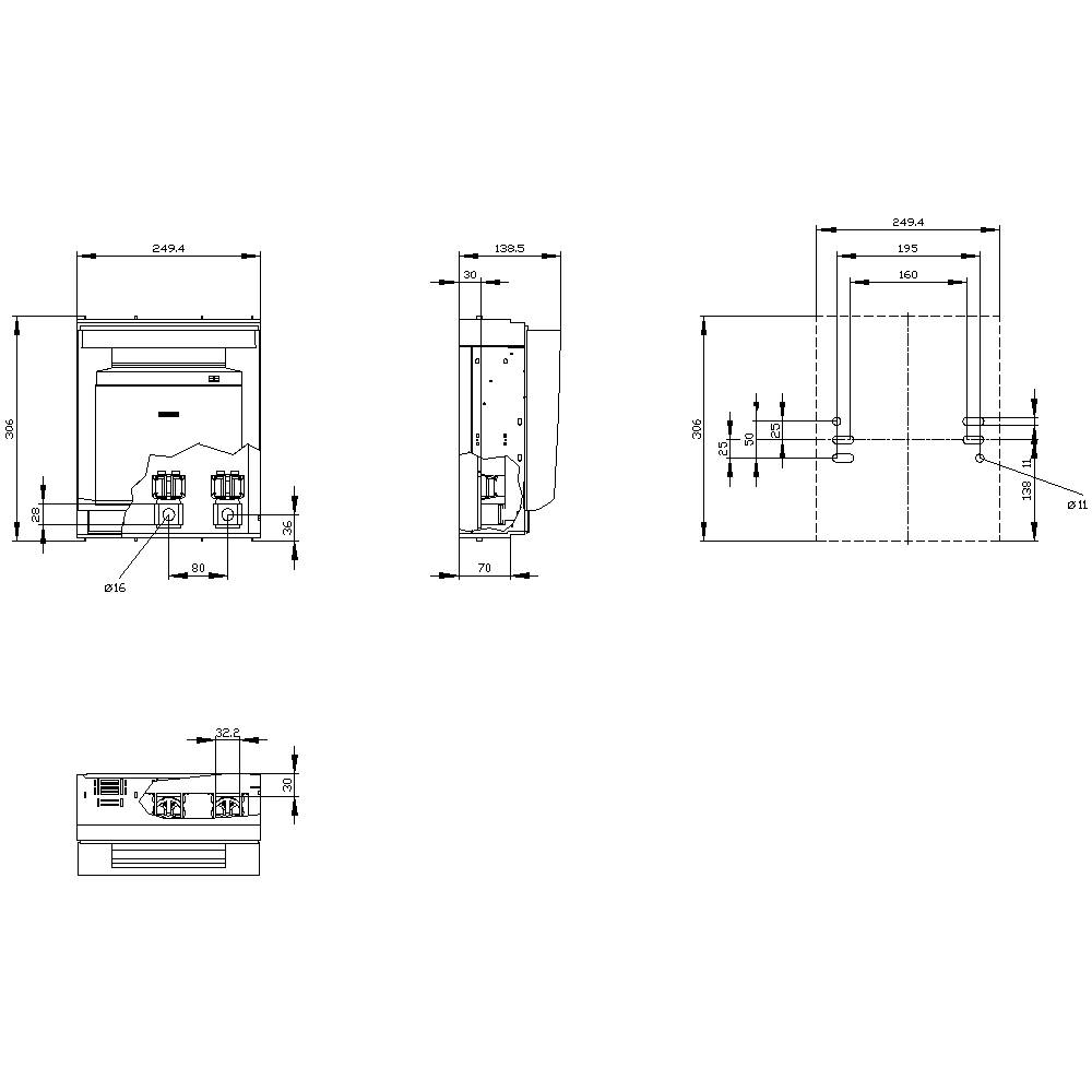 Technische Zeichnung eines Geräts mit Front- und Seitenansicht. Maße in Millimetern angegeben. Höhe 305, Breite 244, Tiefe 235.