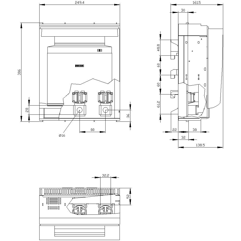 Ein technisches Diagramm zeigt dreiseitige Ansichten eines elektrischen Geräts mit detaillierten Abmessungen in Millimetern.