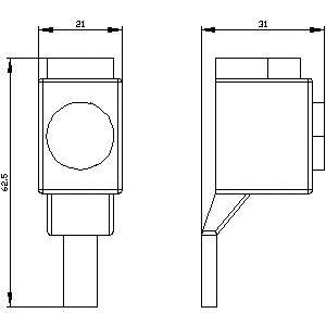 Technische Zeichnung eines rechteckigen Gehäuses mit Maßen: Breite 21 mm, Höhe 31 mm, und einer Höhe von 62,5 mm. Draufsicht und Seitenansicht.