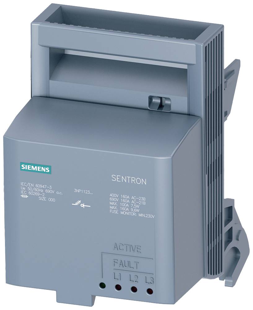 Ein graues elektrisches Gerät der Marke Siemens, Modell SENTRON, mit einer Anzeigeleiste für 'ACTIVE' und 'FAULT' sowie L1, L2, L3.