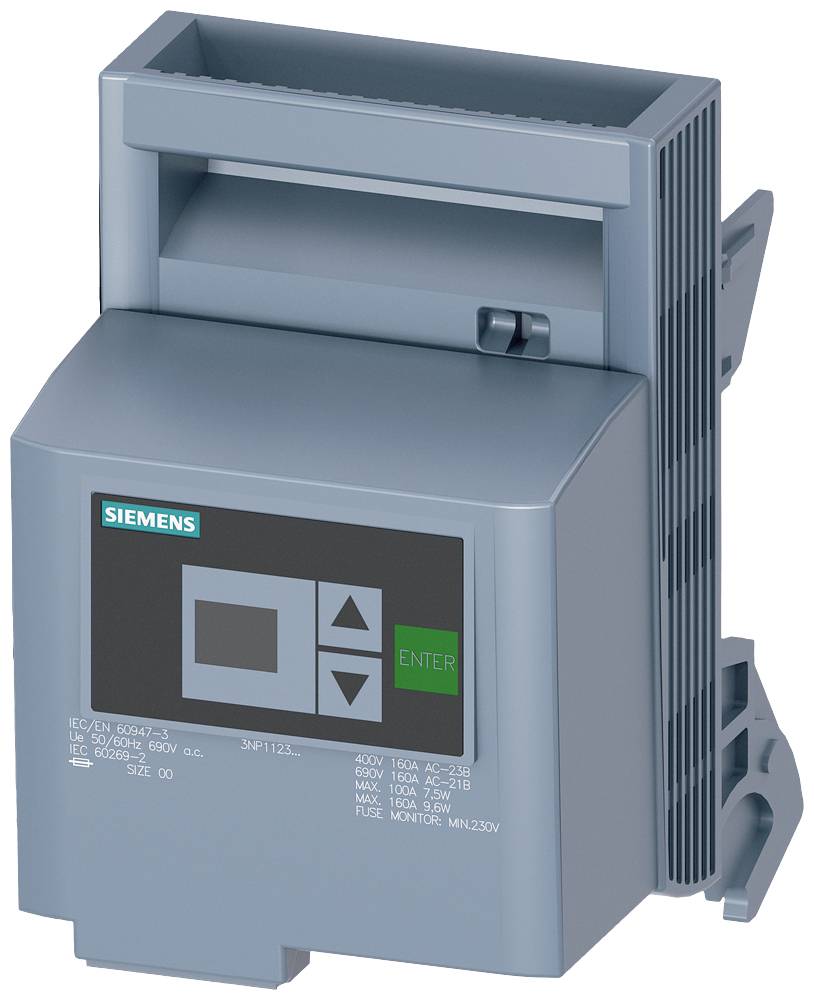 Ein grauer Siemens-Schaltkasten mit digitalem Display und Tasten, geeignet für Spannungen von 400V und 600V.