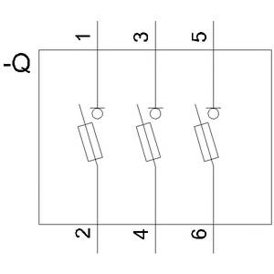Schaltsymbol mit drei Schaltern in Reihenfolge, nummeriert von 1 bis 6, verbunden durch parallele Linien, dargestellt innerhalb eines Kastens mit negativem Q-Zeichen.