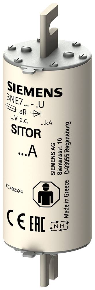 Bauelement 'Siemens Sicherungseinsatz 3NE7' mit technischen Spezifikationen und Symbolen. Hergestellt in Griechenland.