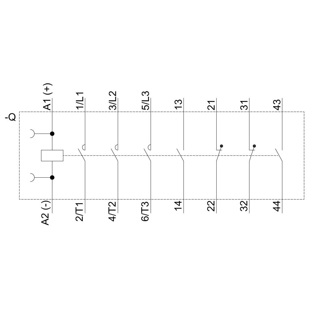 Schaltplan eines elektrischen Verteilers mit Bezeichnungen: A1, A2, 1/L1, 2/T1, 3/L2, 4/T2, 5/L3, 6/T3, 13, 14, 21, 22, 31, 32, 43, 44. Verbindungen und Klemmen sichtbar.
