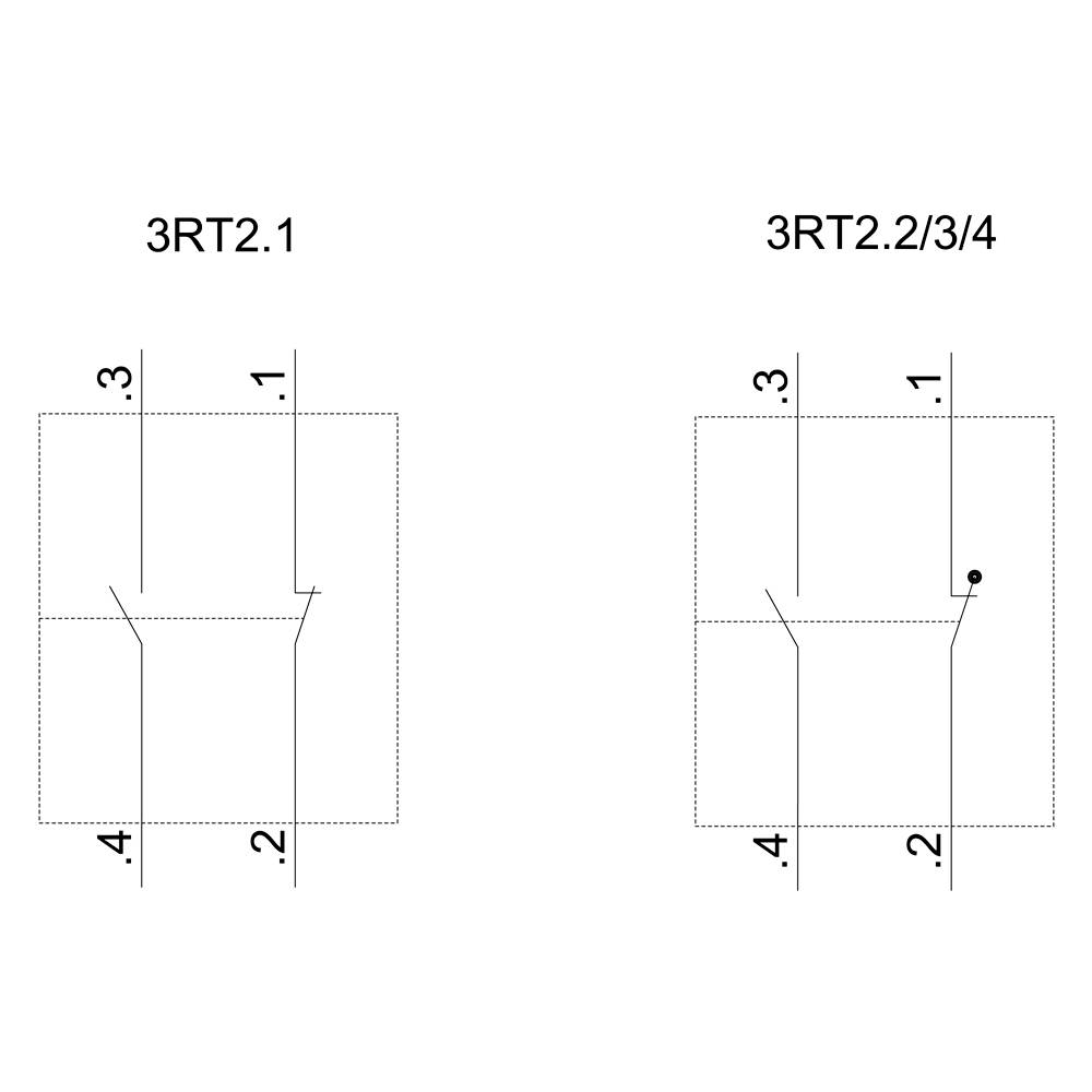Zwei technische Zeichnungen von Schaltkontakt-Layouts mit Bezeichnungen '3RT2.1' und '3RT2.2/3/4'. Anzeigen der Positionen der Kontakte.