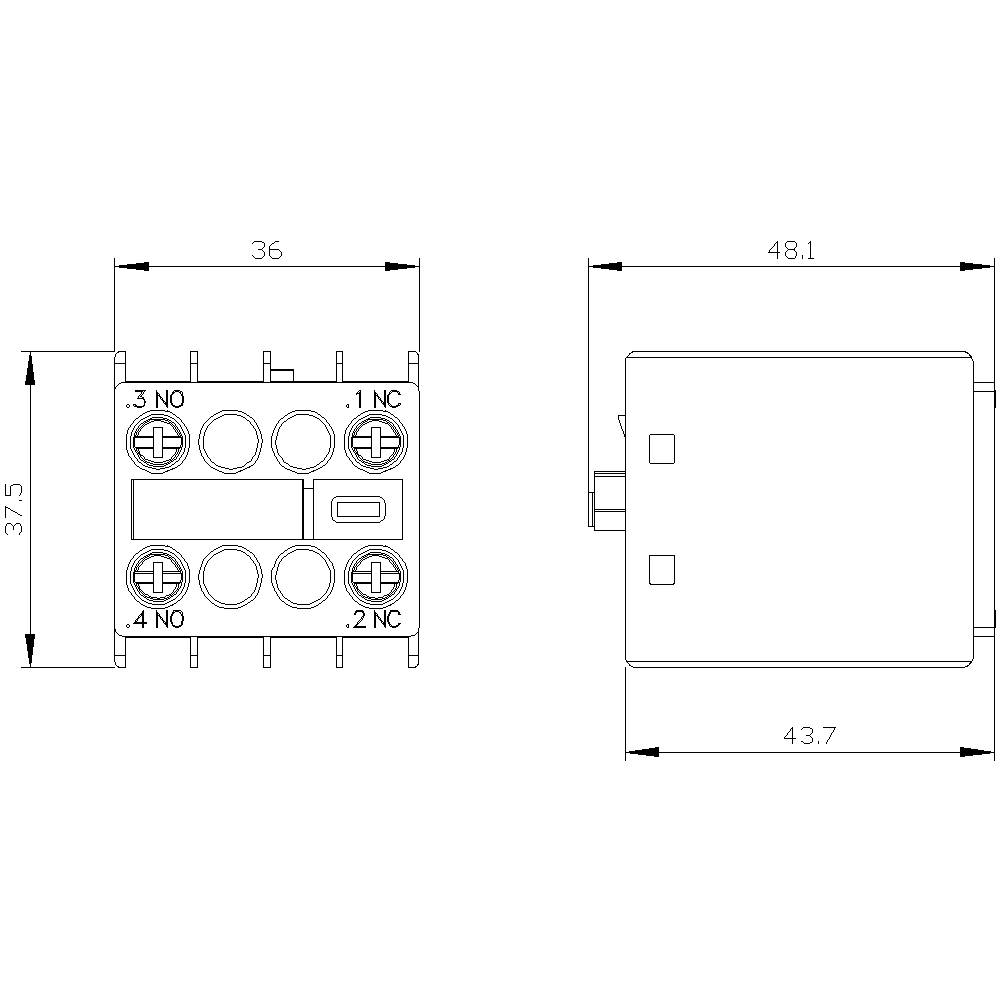 Technische Zeichnung eines Relais mit Maßen in Millimetern. Ansichten von vorne und von der Seite zeigen Positionen der Anschlüsse (1 NC, 2 NC).