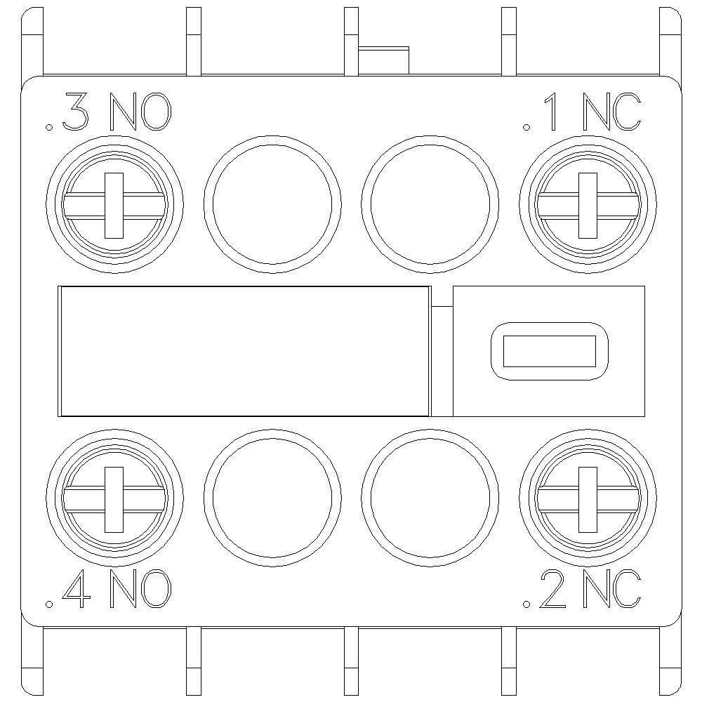 Zeichnung eines elektrischen Schalters mit vier Anschlussklemmen, gekennzeichnet als '.3 NO', '.1 NC', '.4 NO', '.2 NC'.