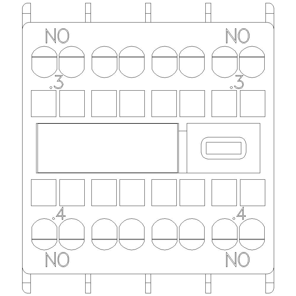 Zeichnung einer elektrischen Komponente mit mehreren rechteckigen und runden Anschlusspunkten, beschriftet mit 'NO' und Zahlen '.3' und '.4'.