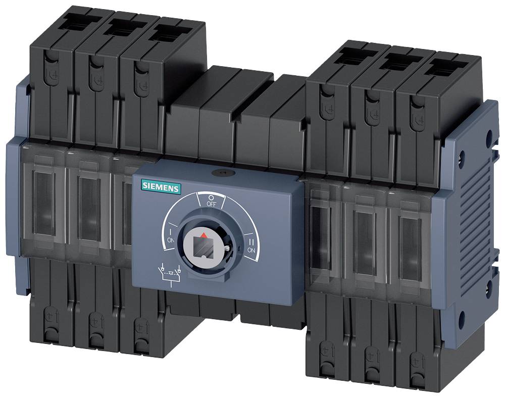 Ein elektrischer Schalter von Siemens, montiert auf einer Schalttafel, zeigt verschiedene Schaltpositionen an.
