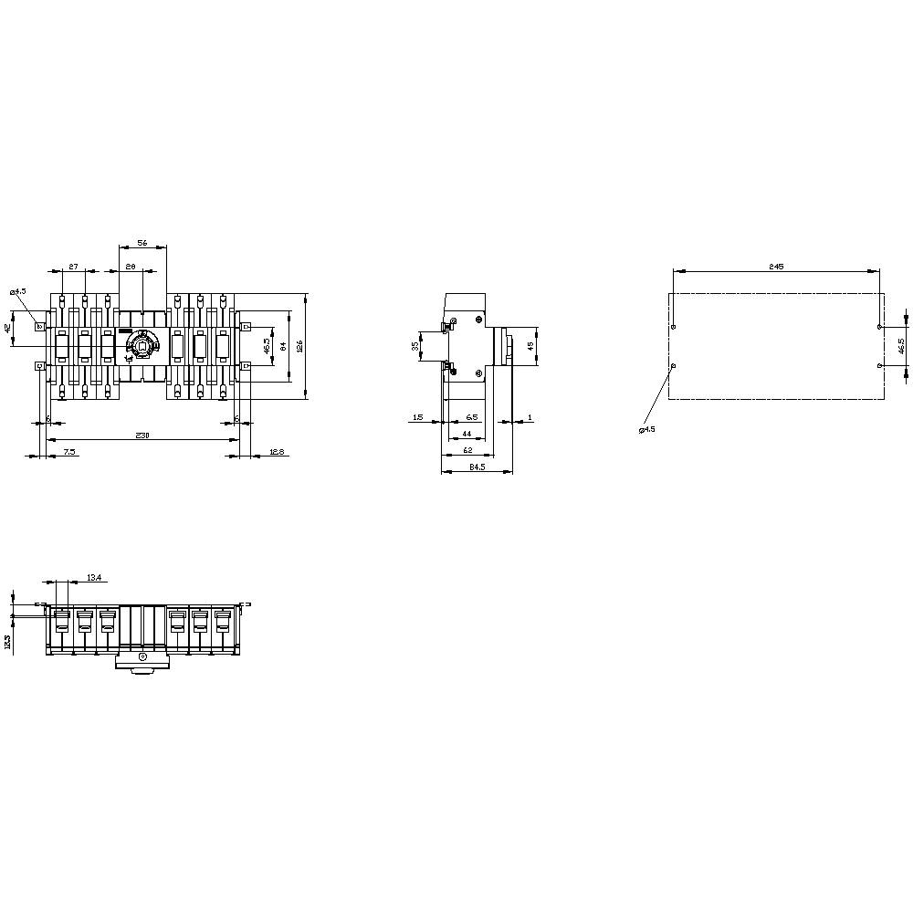 Technische Zeichnung eines elektrischen Bauteils mit verschiedenen Ansichten und genauen Maßen in Millimetern.